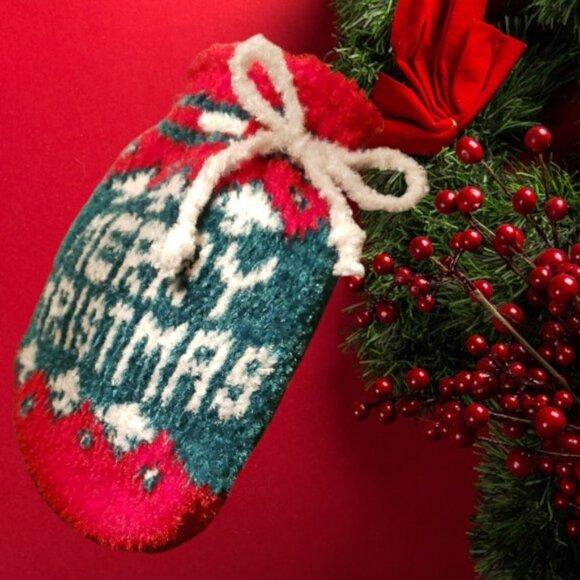 Festive Knitted Drawstring Christmas Stocking Bag     NWOT - Picture 2 of 4